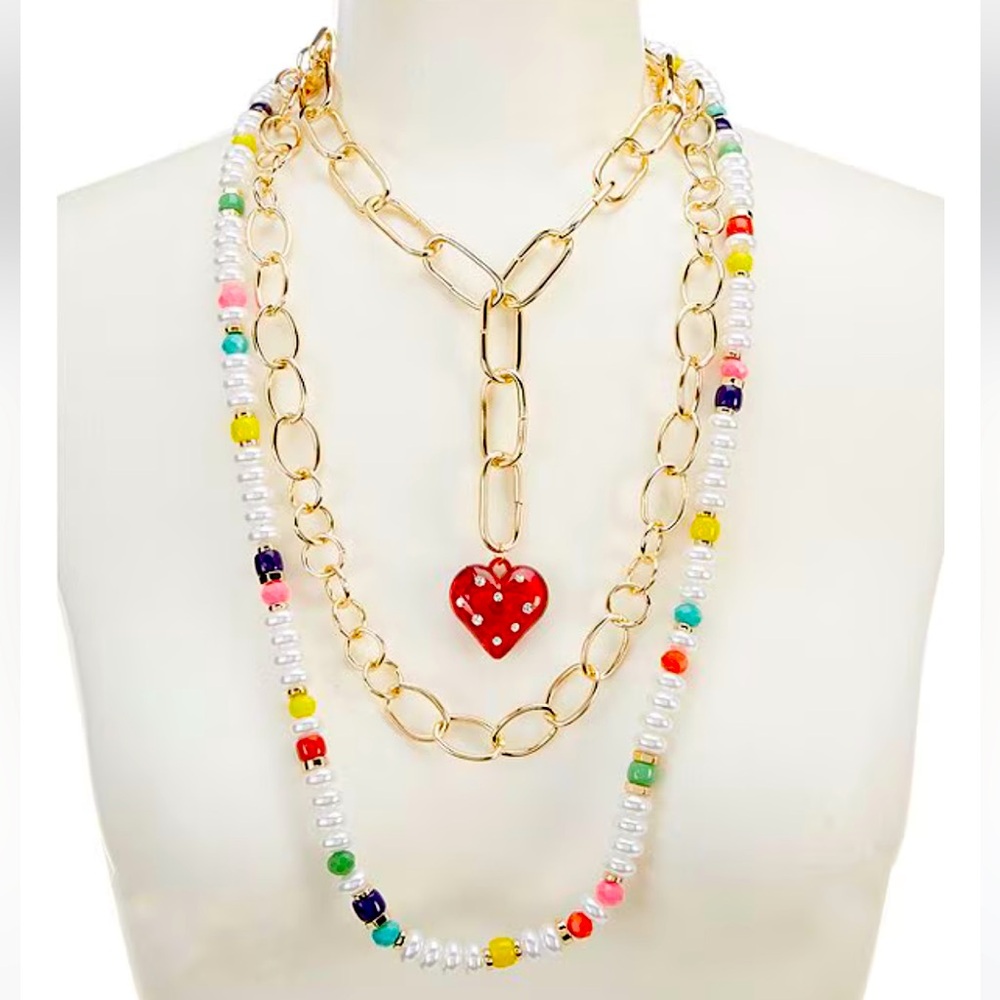 New Natasha Multi Row Pearl Chain Heart Long Multi Strand Beaded Necklace - Picture 1 of 7